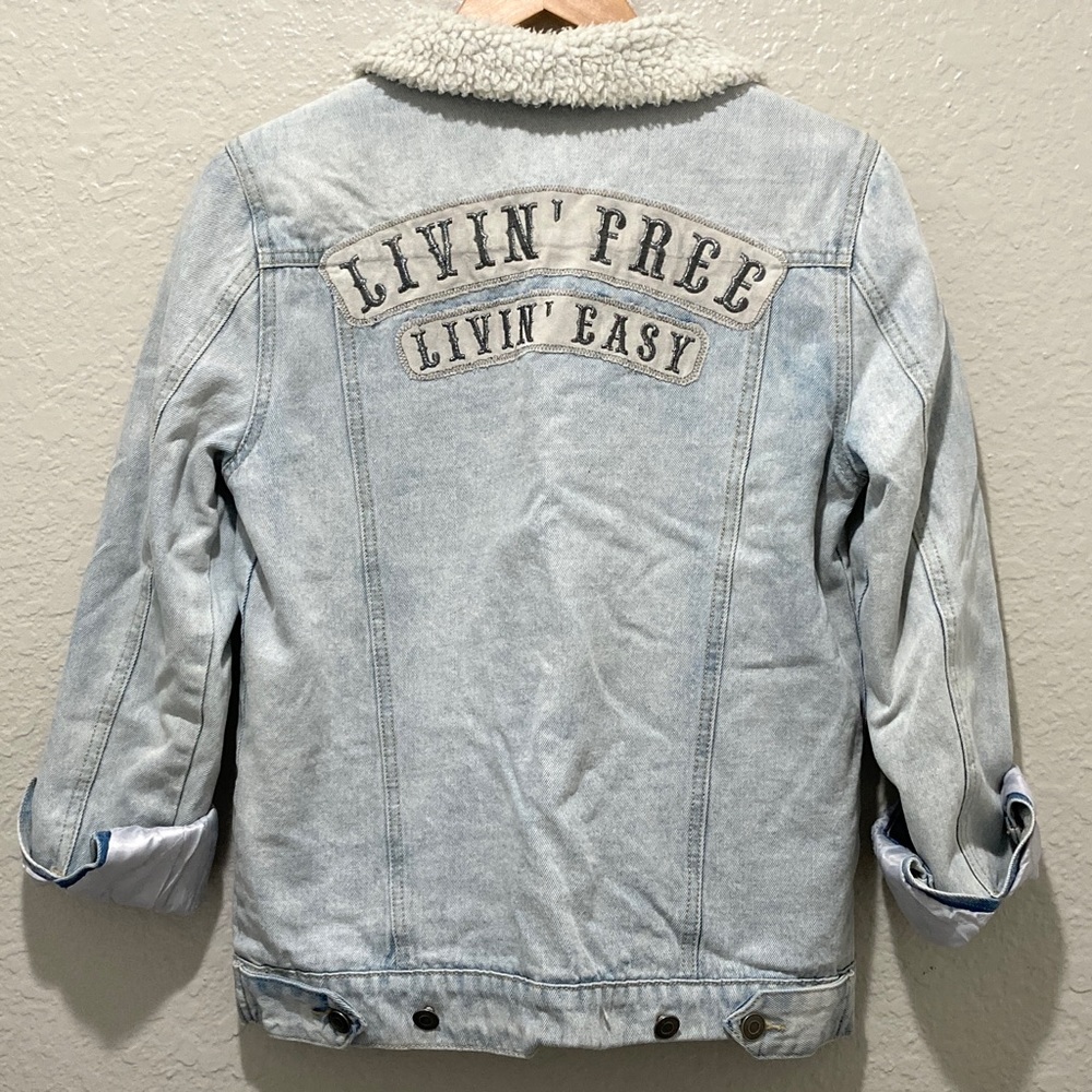Livin’ Free Livin’ Easy Handmade Denim Jacket Sherpa Collar, size XS/S